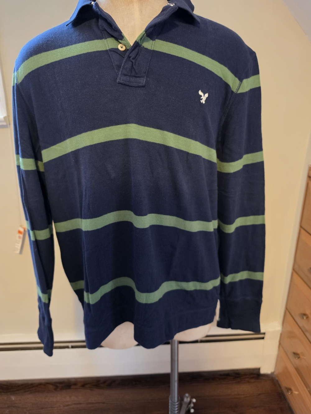 American Eagle Outfitters Navy with Green Stripes Rugby Polo